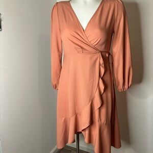 Boohoo Peach Long Sleeve Wrap Dress